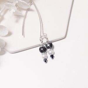 Boho Earrings #044L Glass pearls black white Vhook Earrings long